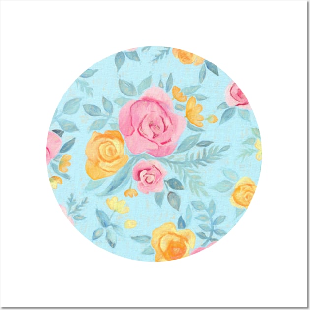 Chalk Pastel Pink & Orange Roses on Sky Blue Wall Art by micklyn